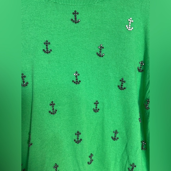 TALBOTS - Rhinestone Embellished Anchor Coastal Sweater Cotton Wool 2X Green - Picture 2 of 9